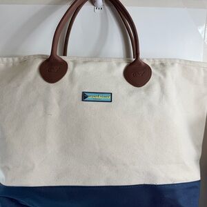 Vineyard Vines Cream Canvas Tote with Blue Embroidery